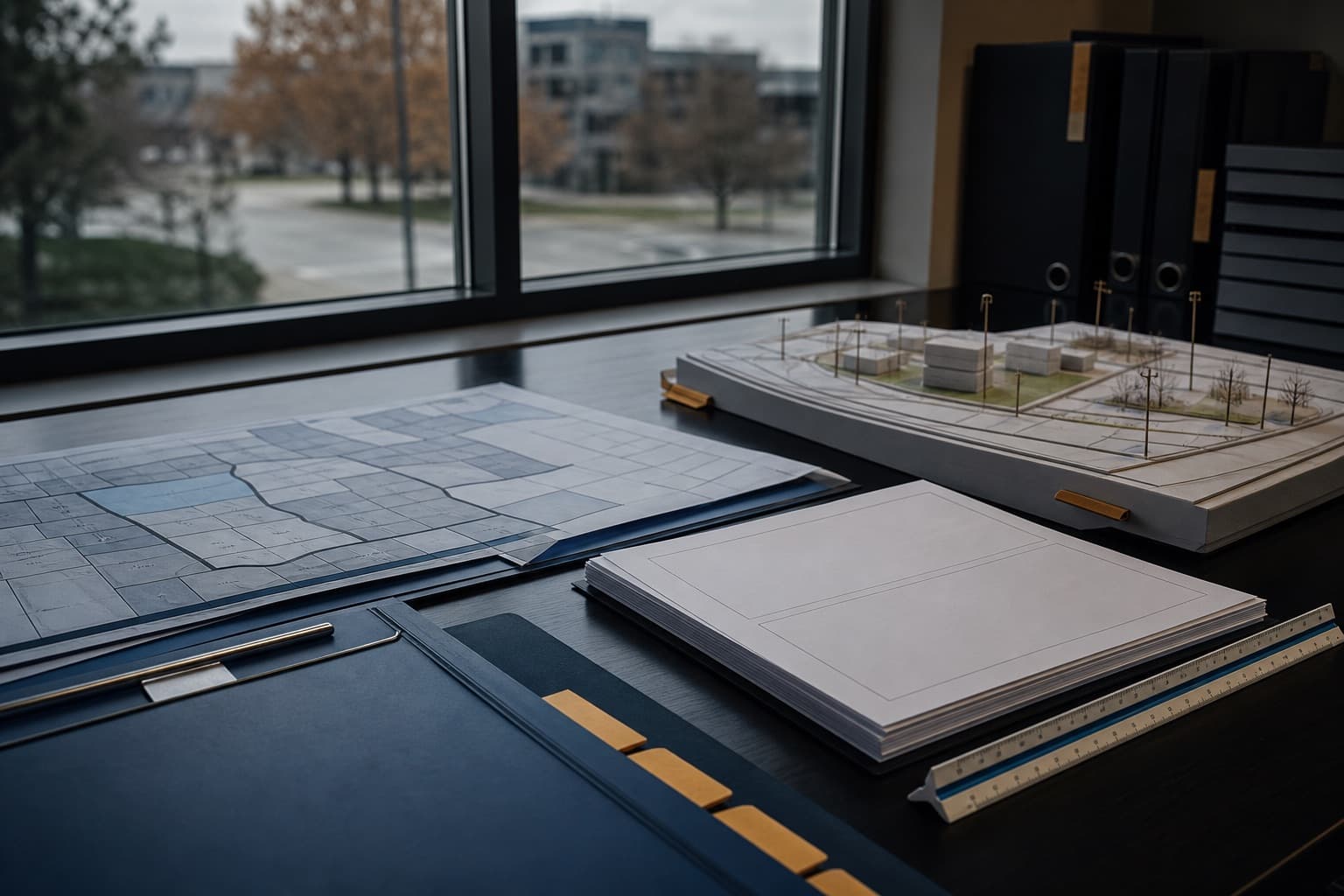 Fictional zoning review workspace with abstract parcel materials and blank submission documents.